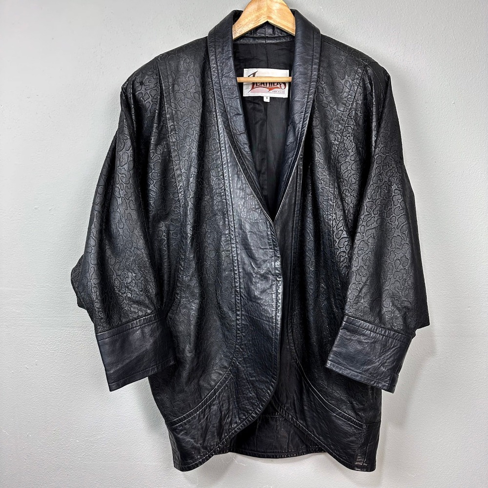 Vintage 80s Leather Jacket Size S Black Leopard Embossed Batwing Oversized Glam
